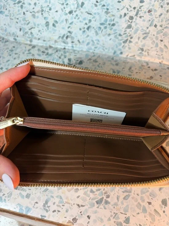 Coach Signature Accordion Zip Wallet Brown Tan Canvas Leather Wristlet - Picture 3 of 5